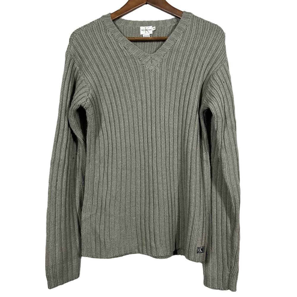 Vintage 90s CK Calvin Klein Jeans V Neck Ribbed Knit Top Sweater Long Sleeve - M